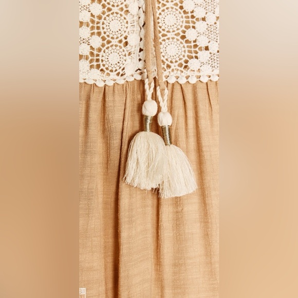 Zara Embroidered Bib Tassel Mini Dress in Tan Peach Size Large - Picture 6 of 16